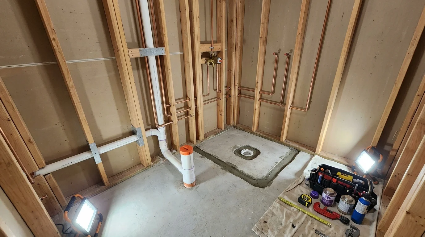Bathroom rough-in plumbing during remodel by Johns Plumbing LLC in Warwick